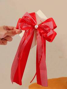 1个女童百搭休闲校园风双色格纹蝴蝶结发夹，返校季 - 紅色 - 查看 8