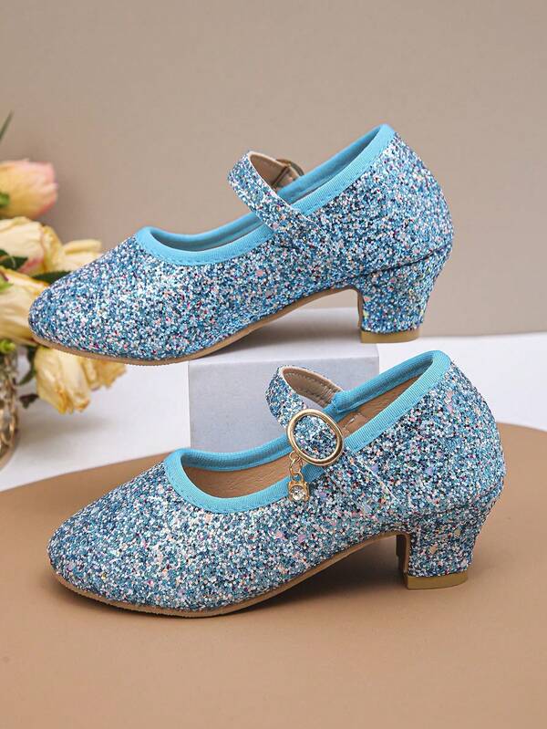 1 Pair Girls' Colorful Sequin Hook And Loop Design Elegant & Lively Small High Heel Shoes, Dance Shoes, Princess Shoes, Party Shoes, Suitable For Year-Round Wear, Perfect Christmas Gift For Children's Birthdays