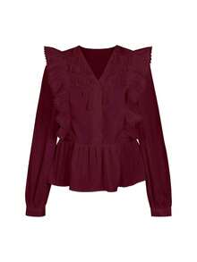ii Plus Size Casual Solid Color Lace Patchwork Ruffle Trim Long Sleeve Top Spring - Burgundy - View 4
