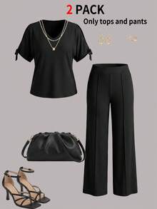 Ensemble 2 pièces grande taille pour femmes, style bohème décontracté des années 90. Chemise et pantalon évasé. Tenue plissée unie pour un usage quotidien - Noir - Voir 4