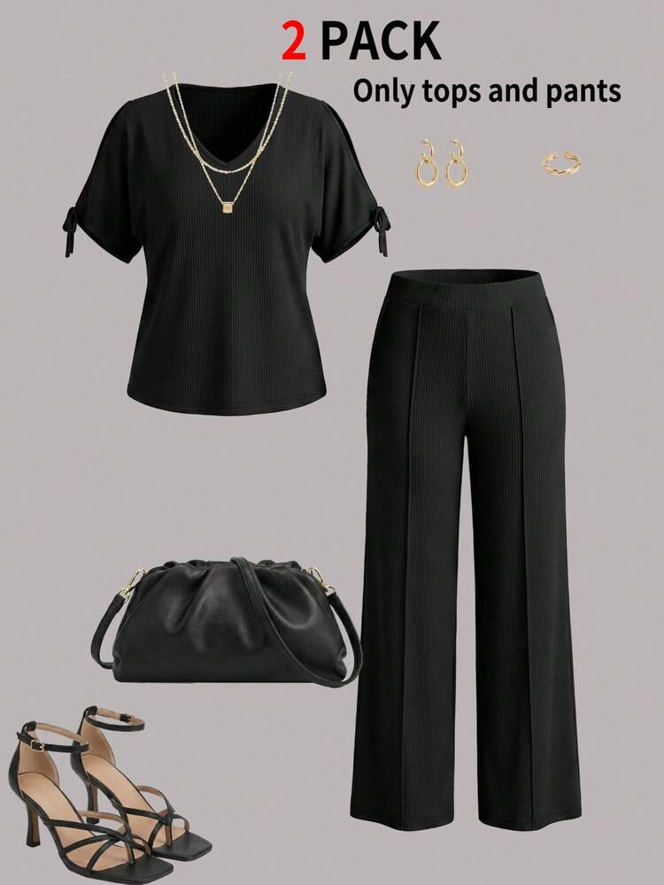 大码女装两件套 90年代休闲波西米亚风衬衫阔腿裤纯色日常褶皱套装 - 黑色 - 查看 4