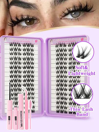 192pcs D-Curl Cluster False Eyelashes, High Capacity, 30D+40D+60D+80D/40D+60D+80D+100D, 8-16mm, DIY Eyelash Clusters, Super Dense, Natural, Lightweight, Long-Lasting, Waterproof, Reusable, Individual Segment False Lashes, Eyelash Extension Kit With Makeup Tools