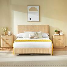 Queen Bed Frame With Headboard, Elegant Wooden Queen Size Bed Frame With Modern Curved Lines, Sturdy Bed Frame Queen Size, No Box Spring Needed - Wood Queen Bed Frame For Master & Guest Room - Oak - 查看 3