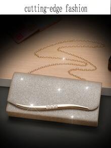 1 件时尚韩式女士金属边优雅手拿包，磁扣单肩包/手提包，缎面面料，适合晚礼服 - 香檳色 - 查看 3