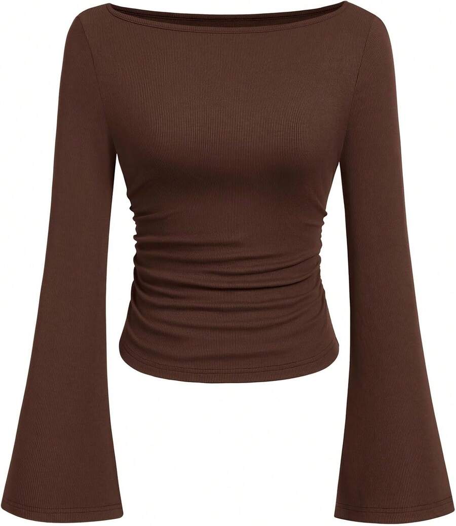 Womens Long Sleeve Shirts 2026 Spring Crop Going Out Tops Casual Boat Neck Sleeve Ribbed Ruched Y2K Clothes - Brown - View 1