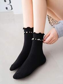 1双女士珍珠边中筒袜，时尚百搭罗纹袜，春秋季