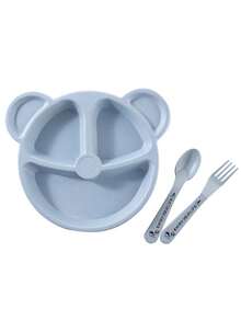 Set de Plato Infantil de Fibra de Trigo, Ecológico y Natural, con Divisiones, Libre de BPA y Metal, Incluye Cucharita y Tenedor para Bebés y Niños - Azul - Ver 12