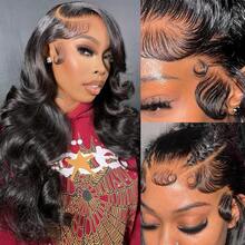 13x4HD Lace Closure Wig, Human Blended Hair 34 Inches - Glue-Free Water Wave Lace Front Wig, Pre-Plucked Hairline & Pre-Cut Lace | No Glue Required, 3-Second Wear, Beginner-Friendly | Natural Black, Ready To Wear - Natural & Black - View 5