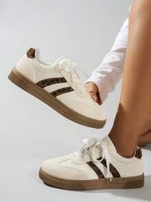 女士金色亮片拼接皮革圆头系带厚底低帮多功能时尚休闲运动鞋，橡胶鞋底防水防滑耐磨轻便平底鞋，春秋新款百搭日常休闲鞋 - 米色 - 查看 2