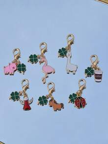 7pcs Cute Clover Cartoon - Pig | Angel | Flamingo | Brown Horse | Ladybug | Alpaca | Coffee Keychain Pendant Bag Accessories - Multicolor - View 3