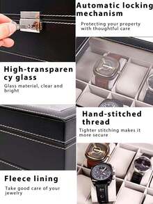 12/10/8/6/3/2 Grid Watch Storage Box, Large Capacity Watch Storage Box With Glass Lid And Security Lock, Men's Watch Box, Unisex Jewelry Storage Box, Perfect Gift Display Box. - Multicolor - View 12