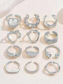 12 pièces/set Ensemble d'anneaux style punk, bagues design géométrique vintage pour femmes, bijoux personnalisés , convient pour le port quotidien et les fêtes - Argent - Voir 4