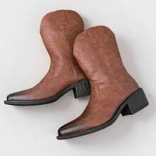 Men's Classic High-Top Leather Boots, Featuring Retro Pointed Toe Design And Fashionable Chunky Heel, Blending Western Cowboy And Knight Styles. Made Of Microfiber Leather Upper And Rubber Sole For Comfort And Durability. - Brown - View 4