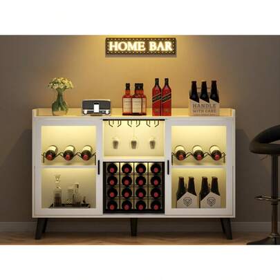 Gabinete de vino moderno Mueble para bar de vinos con luz LED, clóset de café con estante para vino y soporte para vidrio, aparador de cocina con estante de almacenamiento, clóset de licor no empotrado para sala de estar, comedor (negro)
