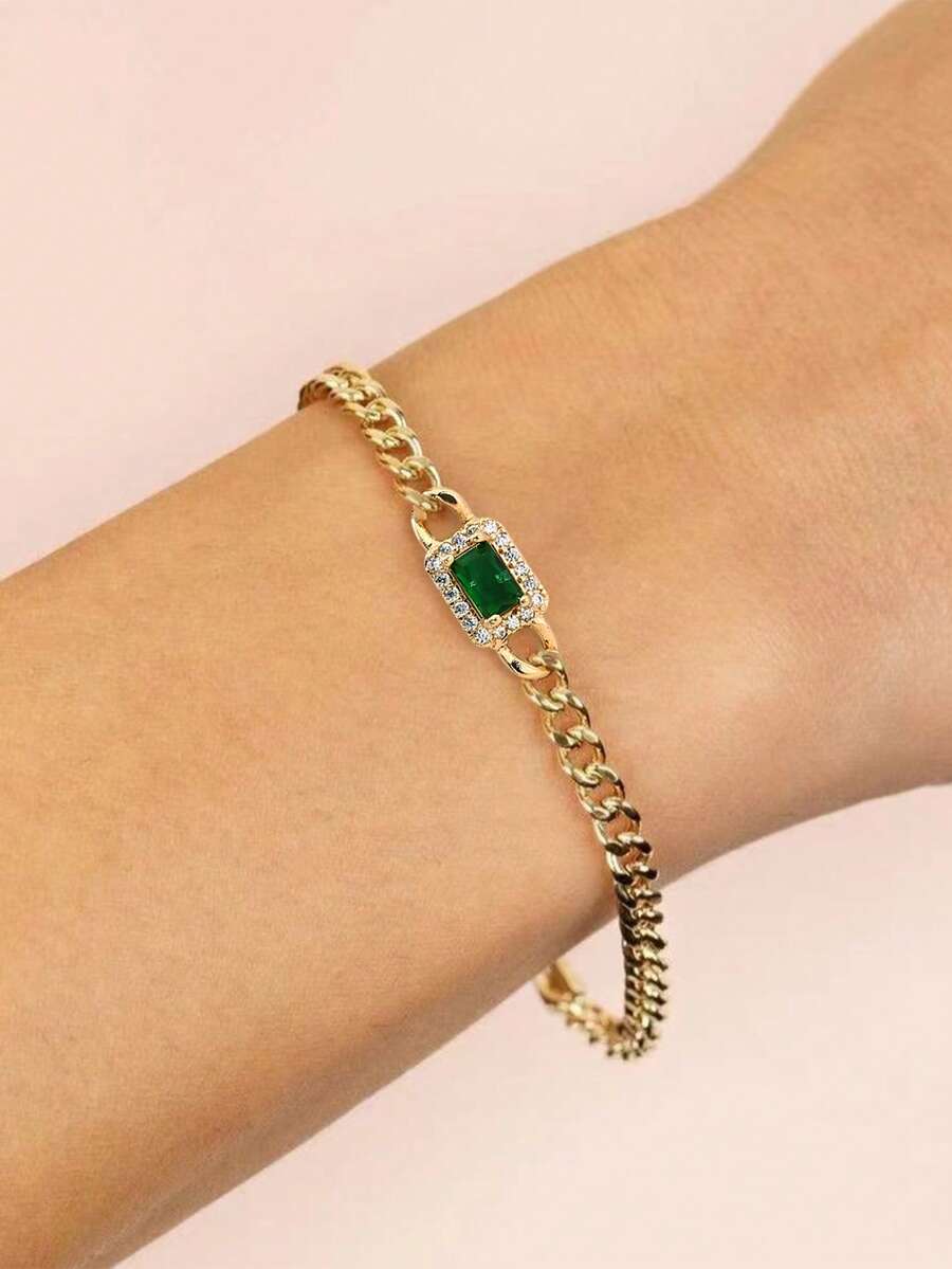 1pc Fashionable Minimalist Copper Alloy Chain With Single Sparkling Green Cubic Zirconia Stone, Suitable For St. Patrick's Day, Parties, And Daily Wear, Unique And Premium Girl Jewelry Bracelet - Gold - View 1