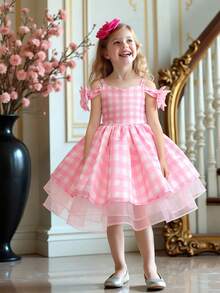 Young Girl Satin Tulle Puff Skirt With Bow, Cute & Dress Suitable For Birthday Party, Excluding Headband - Pink - View 4