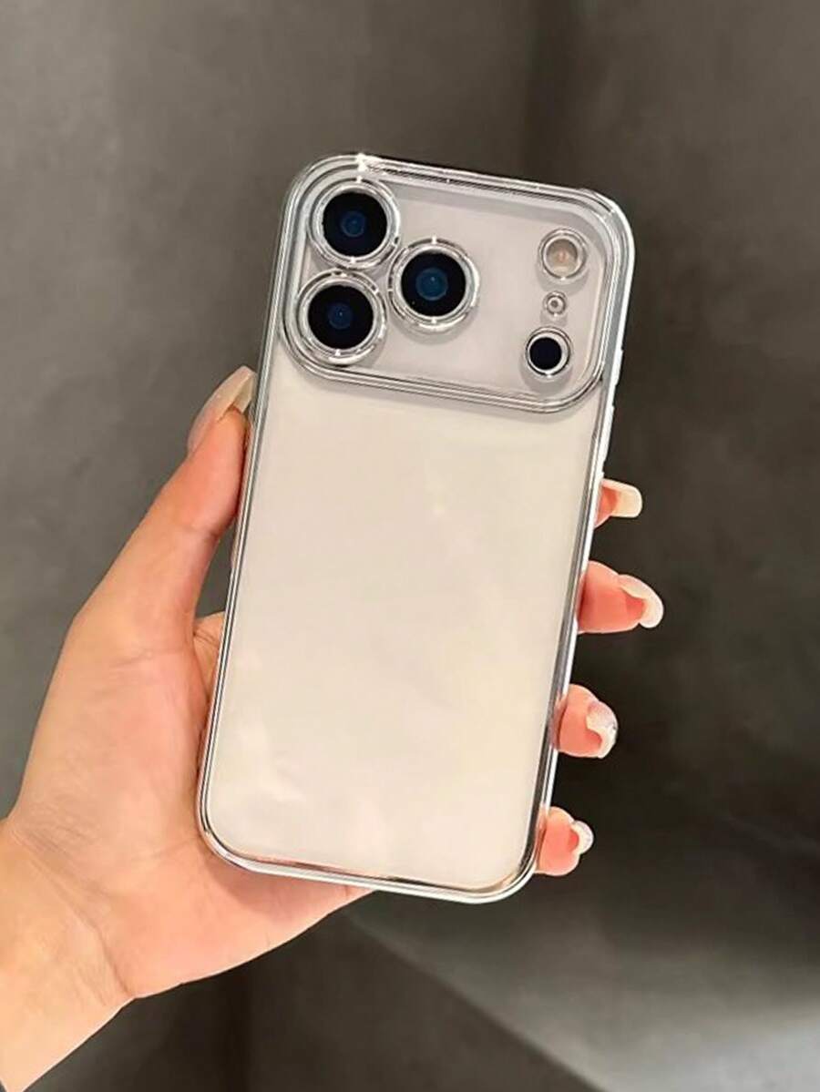 1pc Luxury Camera Protection Electroplated Transparent Phone Case Compatible With IPhone 17 Pro Max Air 16 15 14 13 12 11 Pro Max Plus, Soft TPU Back Cover Protective Case - Silver - View 1