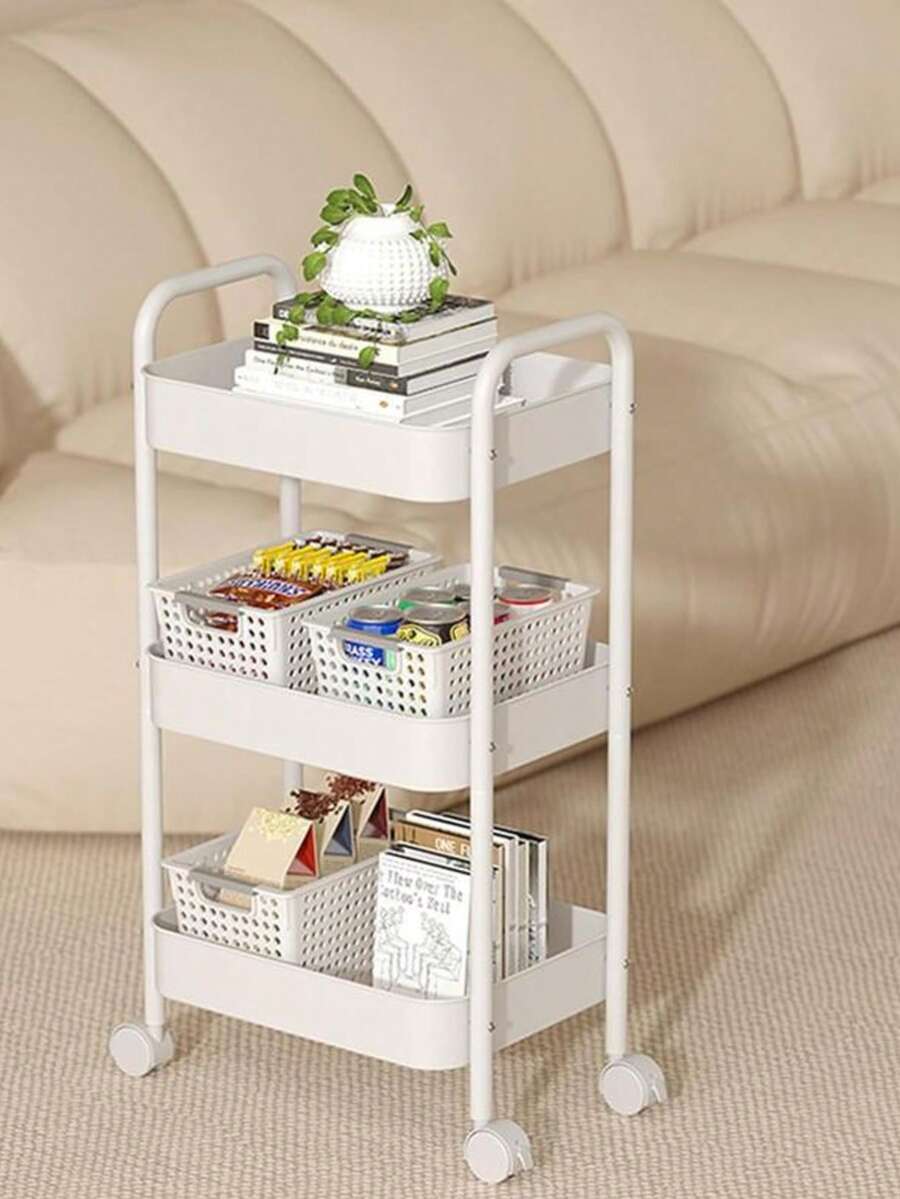 Three-Layer Heavy-Duty Metal Roller Cart With Lock Wheels Hooks Handles For Kitchens Bathrooms Offices Classrooms Dormitories In Pink White - 白色 - 查看 1