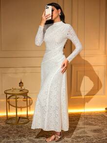 女士蕾丝拼接斜领长袖优雅浪漫连衣裙 - 白色 - 查看 1