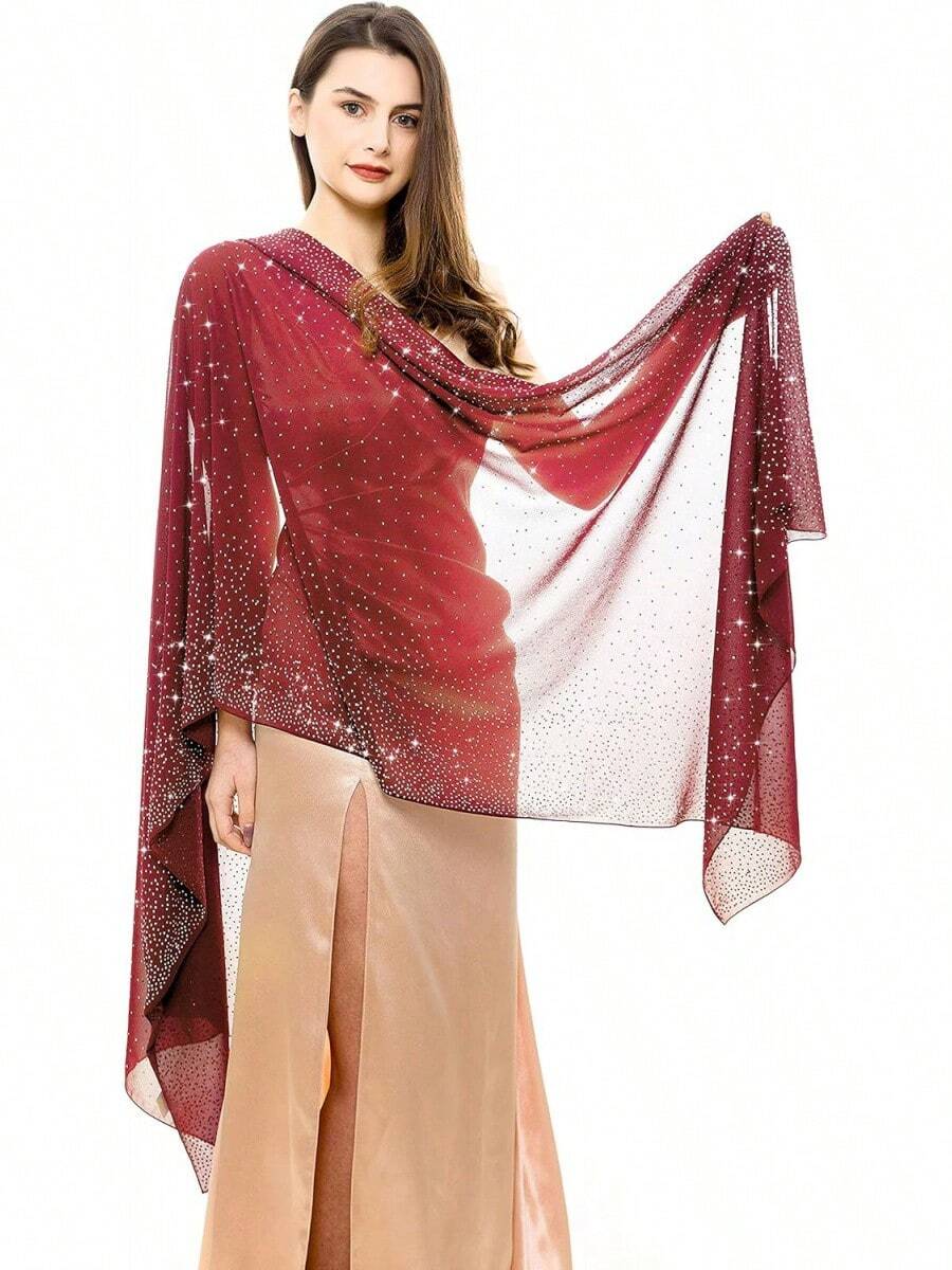 REEMONDE Womens Rhinestones Pashmina Shawls And Wraps Evening Dresses Chiffon Shawl Sparkly Scarf - Đỏ - Xem 1