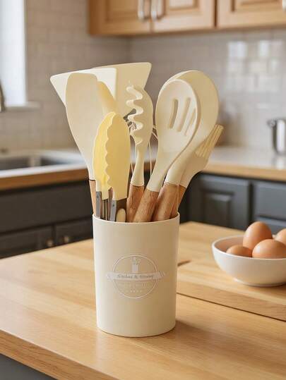 12 piezas Juego de utensilios de cocina de silicona con mango de madera, con soporte, espátula antiadherente, raspador y juego de cucharas para revolver, juego de utensilios de cocina con mango de madera para utensilios antiadherentes, utensilios de cocina, cucharón, cuchara, espátula, pinzas, resistente al calor y sin arañazos, sin olor y saludable, para cocinar, hornear, freír y revolver