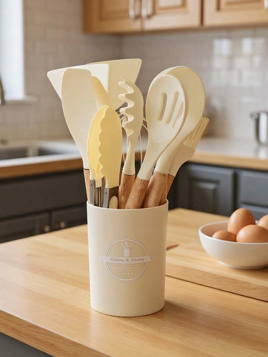 12pcs Wooden Handle Silicone Kitchenware Set, With Holder, Non-Stick Cooking Spatula, Scraper & Stirring Spoon Set, Kitchen Utensils Set With Wooden Handle For Nonstick Cookware, Cooking Utensils Set, Ladle, Spoon, Spatula, Tong, Heat-Resistant & Non-Scratch, Non Smell & Healthy, For Cooking & Baking & Frying & Stirring - MultiWarna - View 1