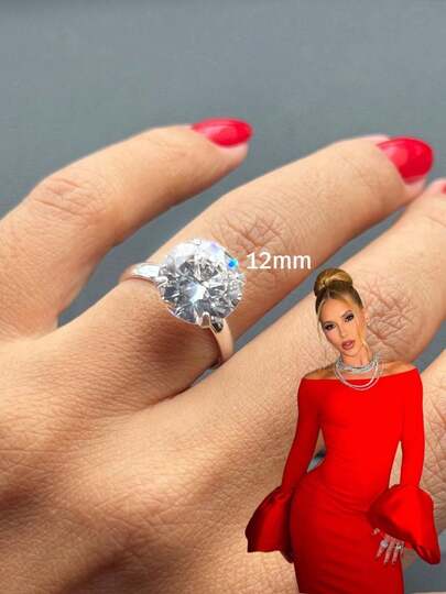 Anel Solitário Prata Virgínia Ajustável Tamanho Regulável Pedra Moissanite 12mm 10mm