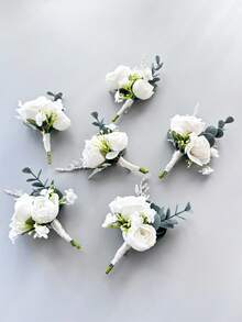 1pc/6pcs Artificial Silk Ivory Rose Flower Groom Boutonniere Man Brother Corsage Graduate Pin Suit Wedding Flowers Party Deocration - Milky White - View 5