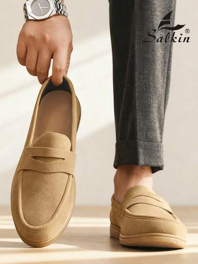 Salkin Zapatos mocasín clásicos de diseñador para hombres, mocasines de ante lisos tipo penny, zapatos de cuero suave para hombres, zapatos sociales de negocios para caballero, zapatos formales de oficina diaria, fiesta y boda para hombres, zapatos casuales de estilo universitario para citas en pareja, cena romántica y regalo de vacaciones. Seleccione una talla talla grande grande.