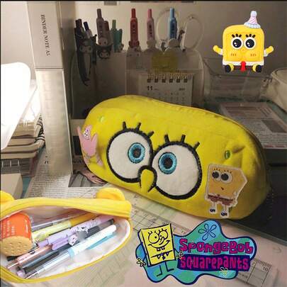 SpongeBob SquarePants 1个海绵宝宝铅笔盒，学生帆布文具袋，可爱化妆包，卡通笔袋，儿童学习奖励，送给朋友和女朋友的理想礼物，学习必备，工作空间收纳，趣味风格，可爱设计，小巧收纳，拉链袋，文具爱好者的首选，闺蜜/好朋友