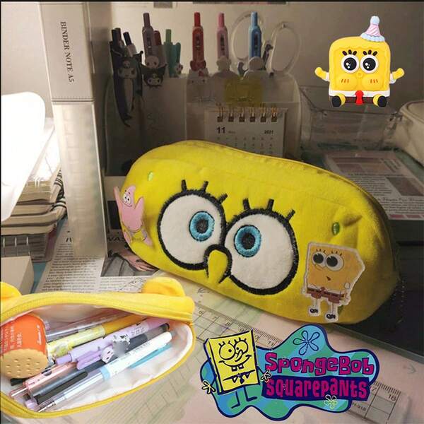 SpongeBob SquarePants 1个海绵宝宝铅笔盒，学生帆布文具袋，可爱化妆包，卡通笔袋，儿童学习奖励，送给朋友和女朋友的理想礼物，学习必备，工作空间收纳，趣味风格，可爱设计，小巧收纳，拉链袋，文具爱好者的首选，闺蜜/好朋友