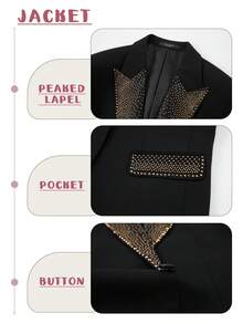 3 Pcs  Men's Crystal Embellished Peak Lapel Single Button Luxury Tuxedo - Groom Groomsmen Prom Banquet Host Slim Fit Formal Wear - 黑色 - 查看 5