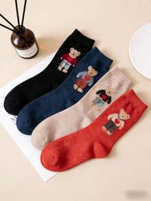 3 pares de calcetines de media caña con oso aleatorio, calcetines largos gruesos de dibujos animados dulces, calcetines holgados de estilo japonés - Multicolor - Ver 4