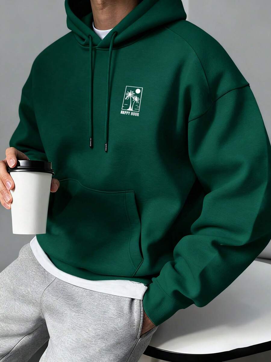 Sudadera con capucha casual y versátil para hombres con estampado de letras y palmeras, con cordón y bolsillo canguro, para otoño/invierno - Verde - Ver 1