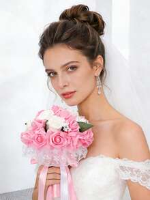 Wedding Bouquet Bride Bridesmaid Holding Flowers Bride Marriage Party Decor Color Blocking Artificial Foam Roses Flower Faux Pearl Bride Bouquet Wedding Party