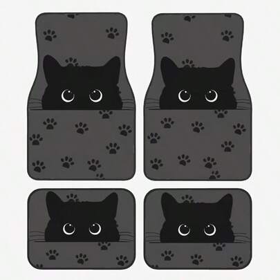 2pcs Car Floor Mats, Cute Black Cat Printed Anti-Slip Mats, Charming Big Eyes Design, Car Interior Accessories, Universal Front & Rear Foot Pads