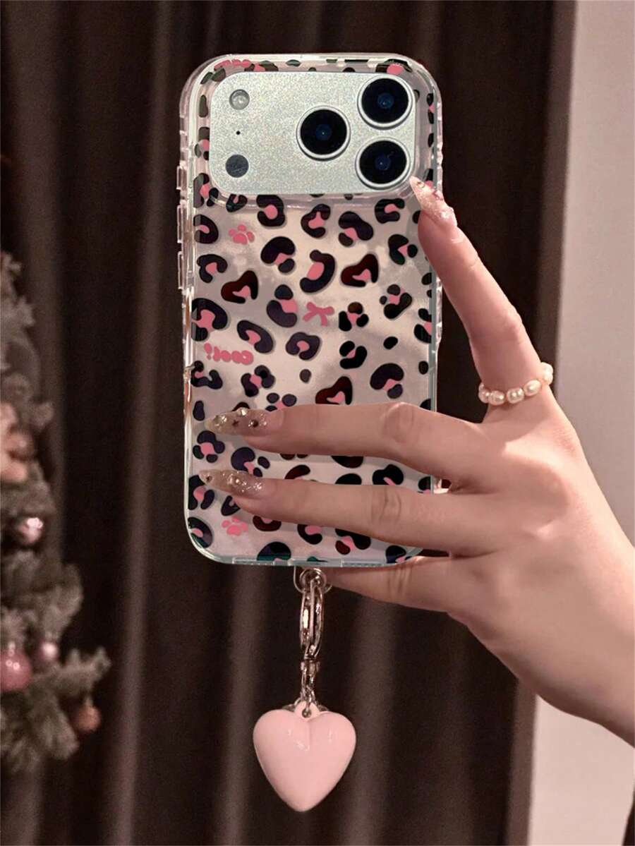Luxury Cute Bow Leopard Print Pattern Glitter Phone Case Compatible With IPhone 17 Pro Max 17 Pro 17 16 Pro Max 16 Pro 16 15 Pro Max 15 Pro 14 Pro Max 14 Pro 13 12 Pro Max 11 16 15 14 Plus With Lovely Pink Heart Pendant Girl Gift Anti-Drop Back Cover