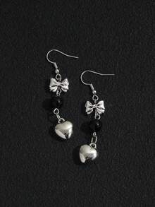 1 Pair Retro Bow Crystal Earrings, Dark Vintage Chic Heart Shaped Earrings For Women - Silver - View 4