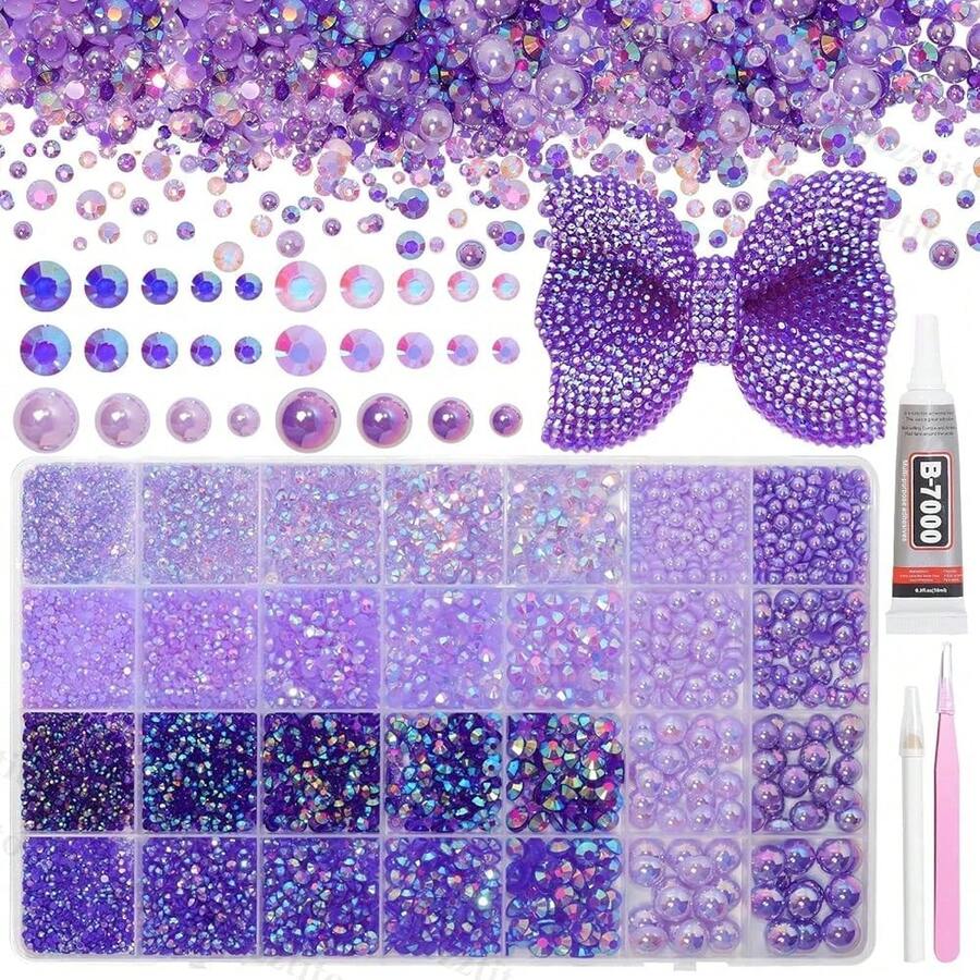 14000Pcs Mixed Purple Flatback Rhinestones And Pearls For Bedazzling Kit, 2-6mm Resin Gems Bedazzling Rhinestone, 4-10mm Flatback Pearls Gems Rhinestones For Crafting DIY Face Makeup - S12 - 查看 1
