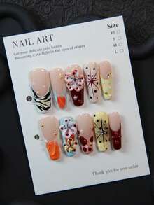 10片手工方形美甲贴纸，亚克力美甲贴片，适合短指甲，镶嵌水钻，鸭子图案，红色、法式、黑色美甲装饰，3D贝壳雕刻，不对称放射状图案，多种颜色可选，优雅美甲配件，适合女性和女孩日常、派对、婚礼、节日使用，附赠美甲凝胶和指甲锉等美甲用品。 - 彩色 - 查看 1