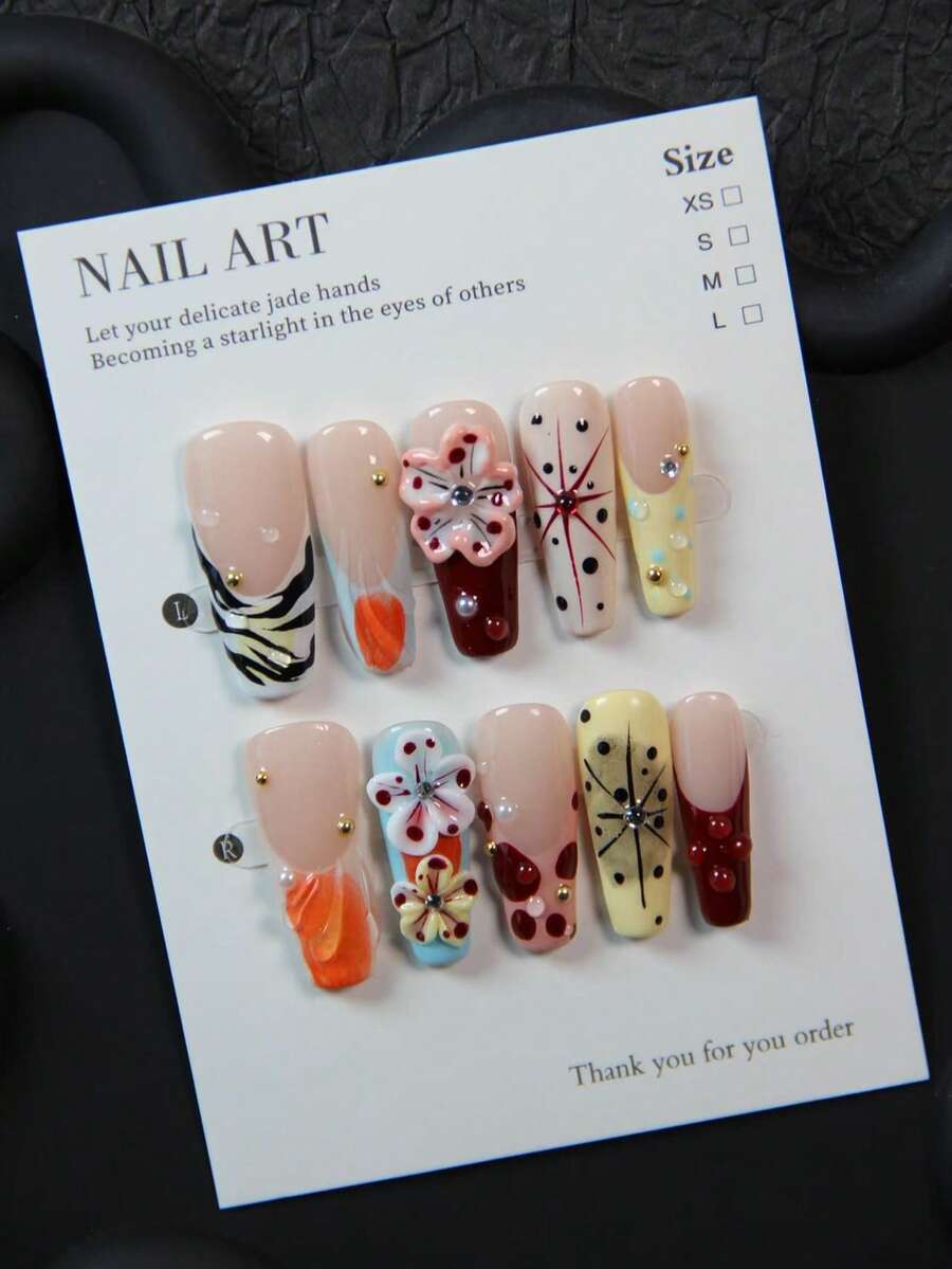 10片手工方形美甲贴纸，亚克力美甲贴片，适合短指甲，镶嵌水钻，鸭子图案，红色、法式、黑色美甲装饰，3D贝壳雕刻，不对称放射状图案，多种颜色可选，优雅美甲配件，适合女性和女孩日常、派对、婚礼、节日使用，附赠美甲凝胶和指甲锉等美甲用品。 - 彩色 - 查看 1