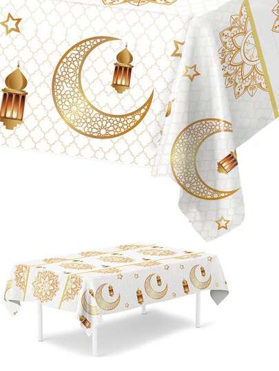 2pcs Set Vintage White Background With Platinum Star & Moon Pattern Waterproof Tablecloth, 86.6 X 51.1 Inches Rectangular Wipeable Tablecloth For Kitchen/Dining Table, Suitable For Parties, Ramadan Decorations, Party Gifts, Home Decor, Holiday Gatherings, Birthday Celebrations And Themed Events