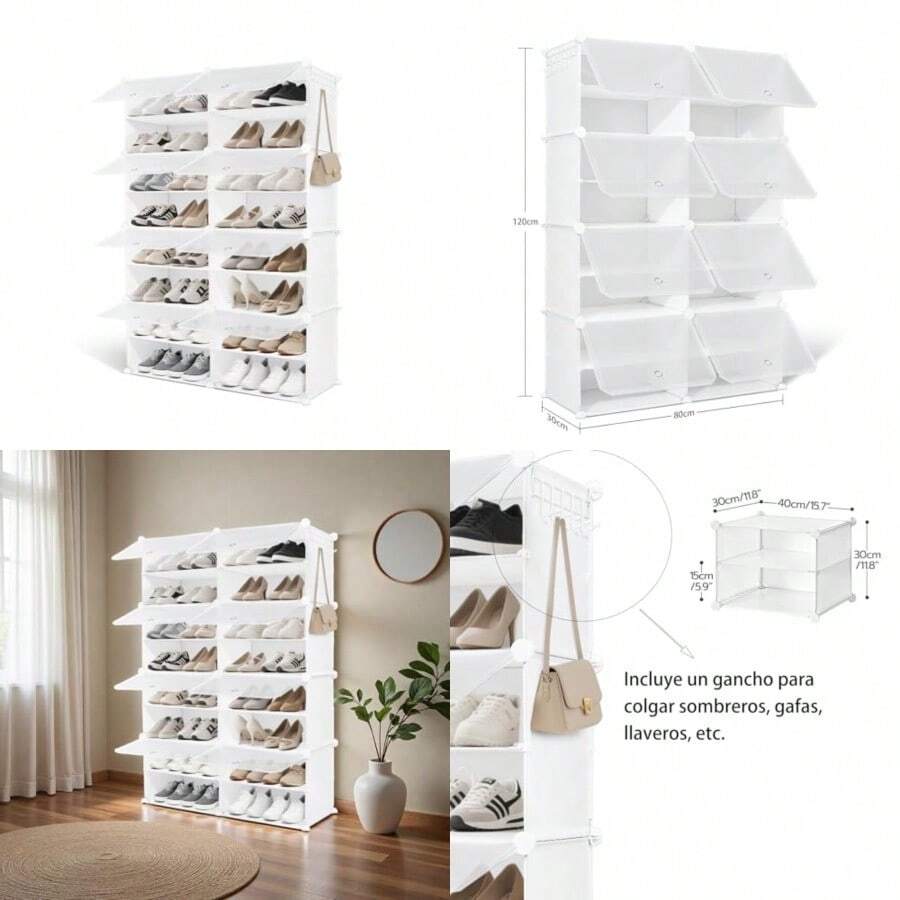 swfZapatera Organizador Closet Repisa Armable Mueble Multiusos8 Compartimentos para 32 Pares de Zapatos con Puertas Mueble Zapatero Plastico para Dormitorio Sala de Estarawd - blanco - Ver 1