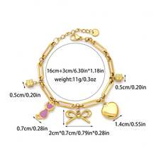 1pc Cute Dripping Kitten Bow Heart Pendant Stainless Steel Handmade Bracelet, Fashionable Design, Suitable As A Gift Bracelet For Girls, Pink, Adjustable And Detachable Bracelet. - Gold - View 9