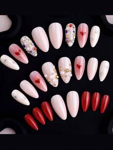 24pcs Short Almond Shaped False Nails, Valentine's Day Red Heart Rhinestone Starry Design, Full Coverage Removable Nail Art Set, Suitable For Women Party, Ball, And Daily Wear