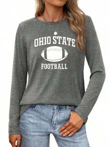 Ohio State Football Logo Design With Gradient Background Womens Long-Sleeve Crewneck T-Shirt-Unisex Plus Size Top - 灰色 - 查看 9