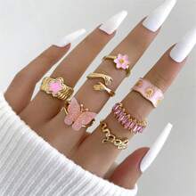 7Pcs/Set Pink Y2K Butterfly Flower Rings - Cute Enamel Chunky Statement Rings For Women Daily Party Stackable Jewelry - 粉紅色戒指6618 - 查看 6