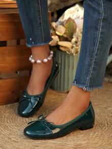 2025新款女士平底圆头蝴蝶结鞋，时尚舒适，易于穿脱。适合大学、学校、休闲、派对和舞会等场合。这款鞋采用多色设计，鞋底平坦。 - 墨綠色 - 查看 7