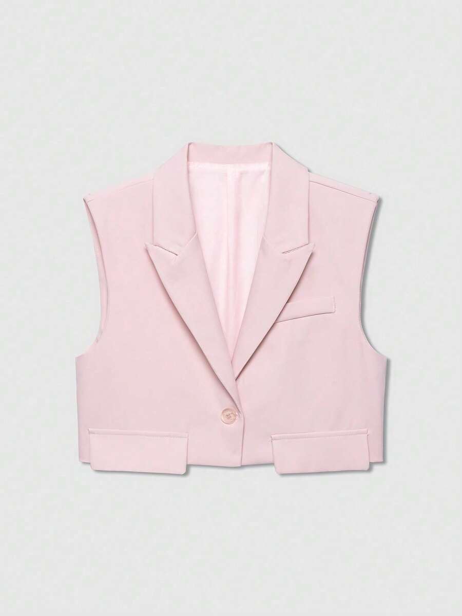 Women's Solid Color Notched Collar Single-Breasted Casual Versatile Commuting Vest Jacket Pink - Pink - View 1