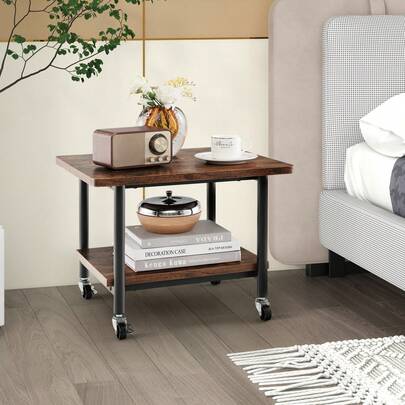  COSTWAY Printer Stand With Storage, Under Desk Printer Table With 4 Wheels & Locking Mechanism, 2-Tier Rolling End Table Storage Rack For Bedroom, Living Room, Study, White/Rustic Brown/Black